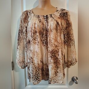 Chico's Sz 3 Brown & Cream Animal-Print Peasant Blousechi